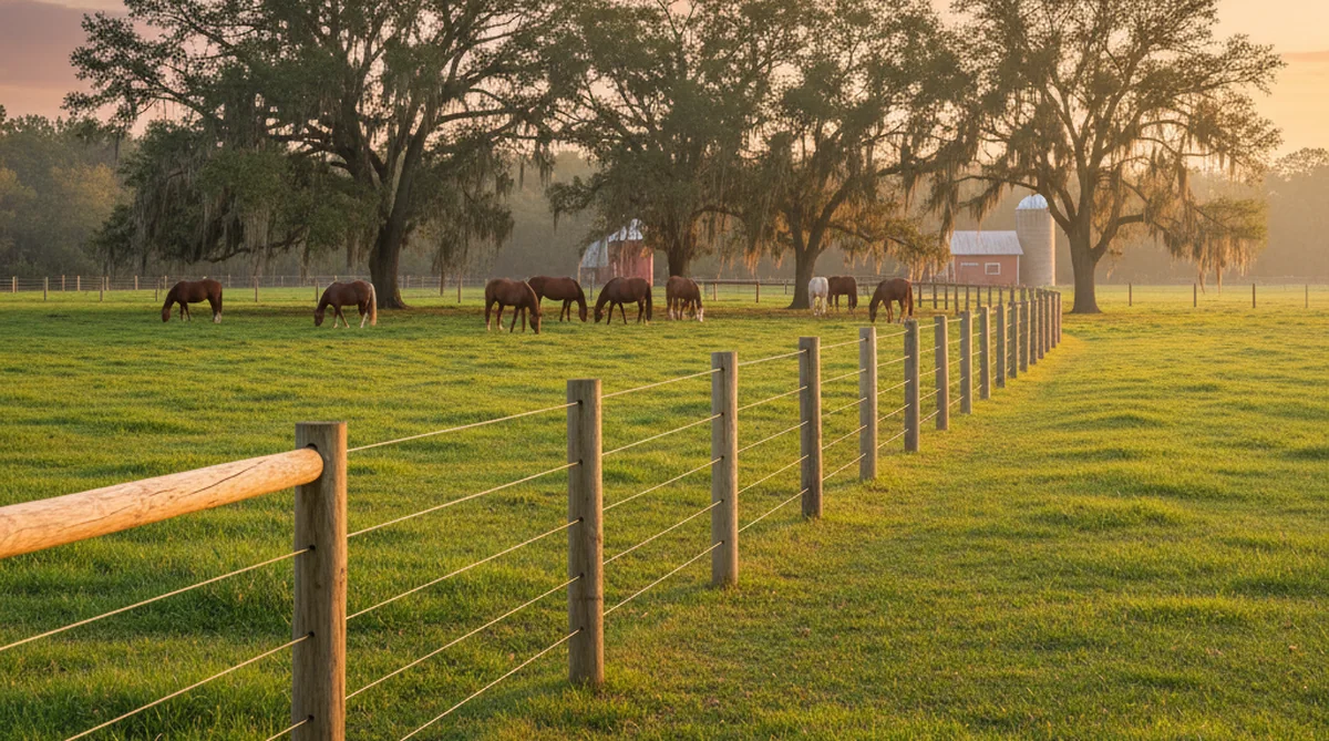 Horses grazing behind livestock fence in Cordova SC