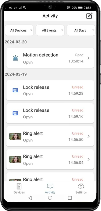 AES Opyn app activity log showing motion detection alerts and gate access history