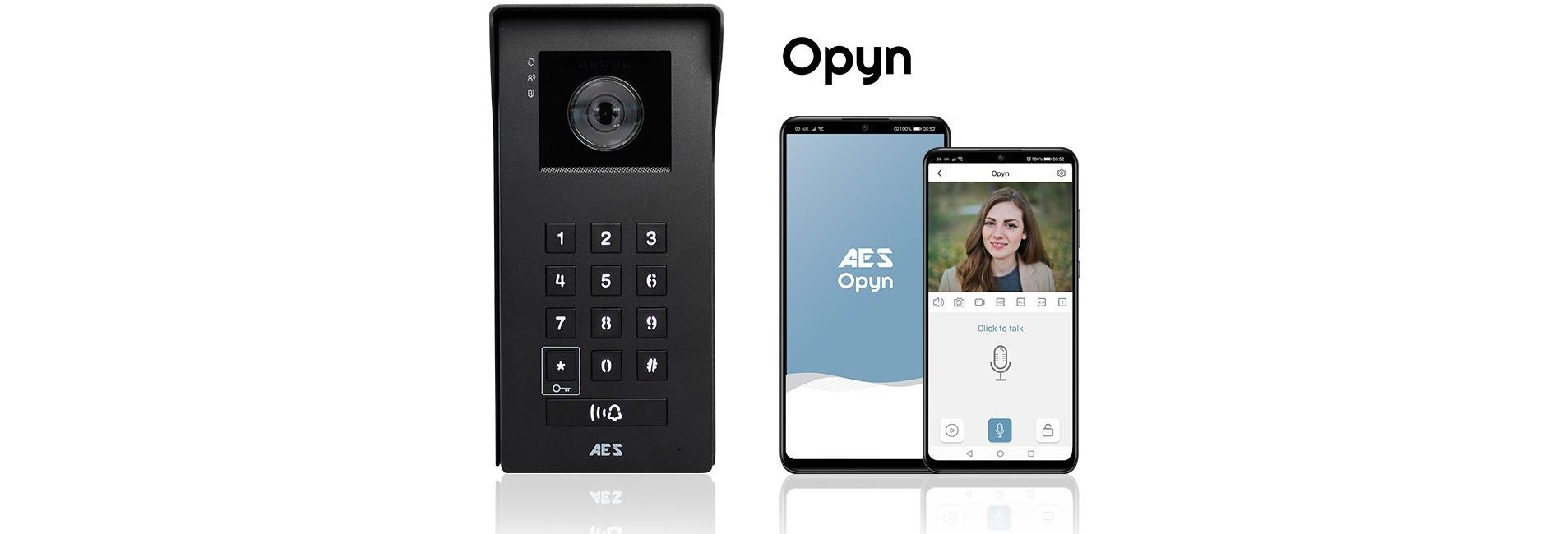 AES Opyn IP video intercom with keypad, fob reader, and smartphone app for gate access control