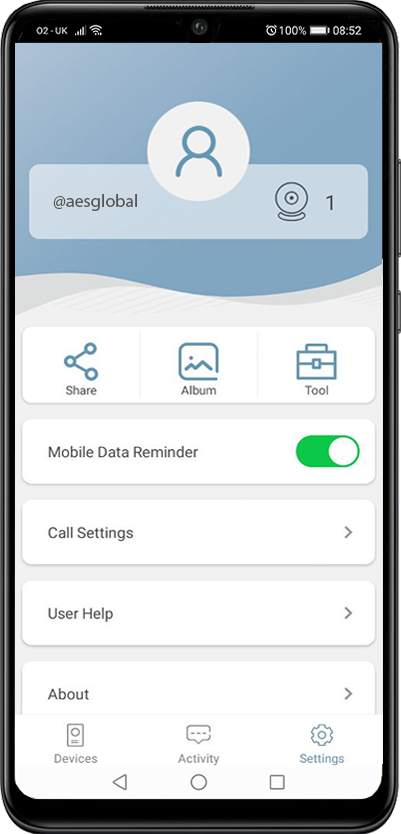 AES Opyn app settings screen for managing device sharing and call preferences