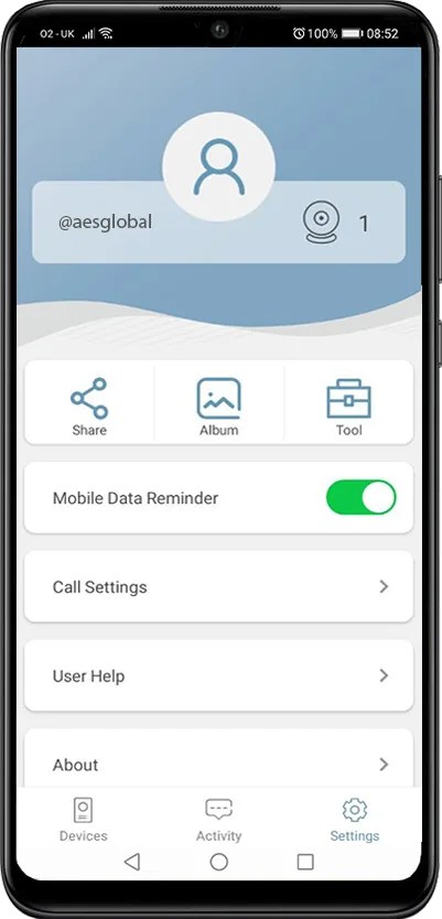 AES Opyn app settings screen for managing device sharing and call preferences