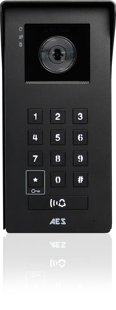 AES Opyn gate intercom unit with video camera, backlit keypad, and RFID fob reader