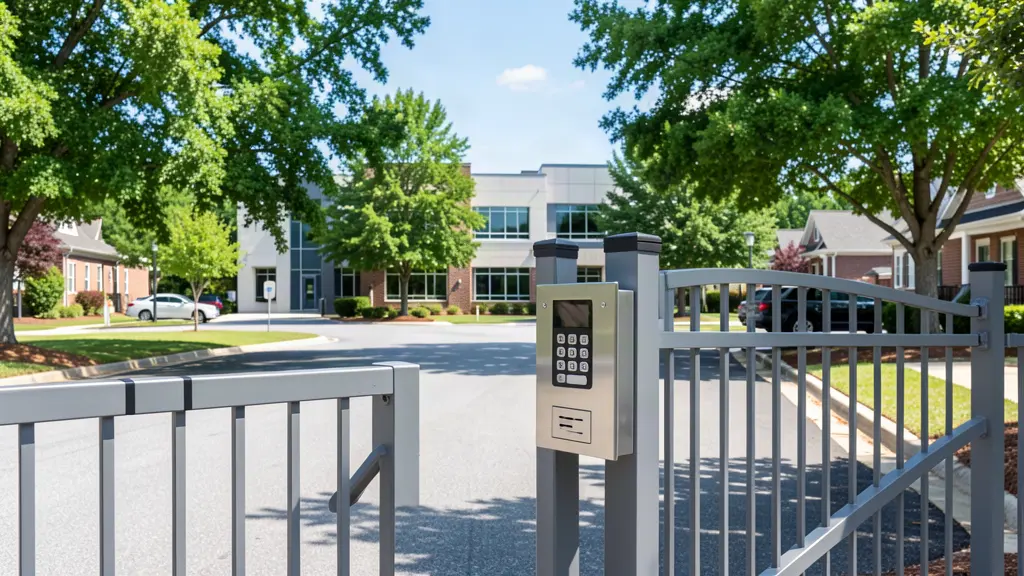 Commercial gate access control keypad and intercom at a business entrance in Cope SC