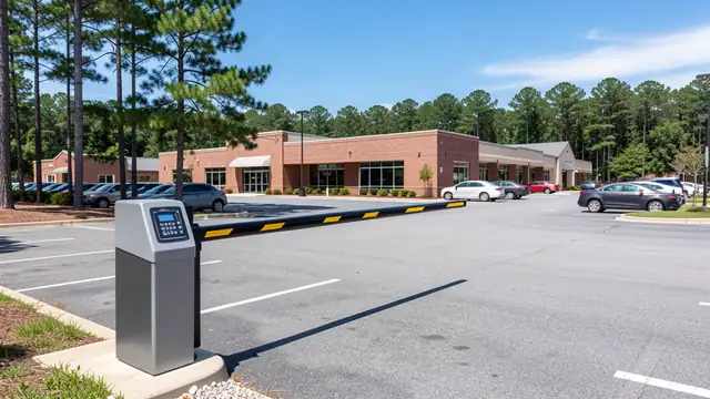 Automatic boom barrier parking lot gate at a commercial business entrance in Orangeburg SC
