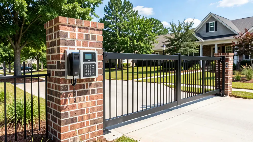 Commercial gate access control keypad and intercom at a business entrance in North SC