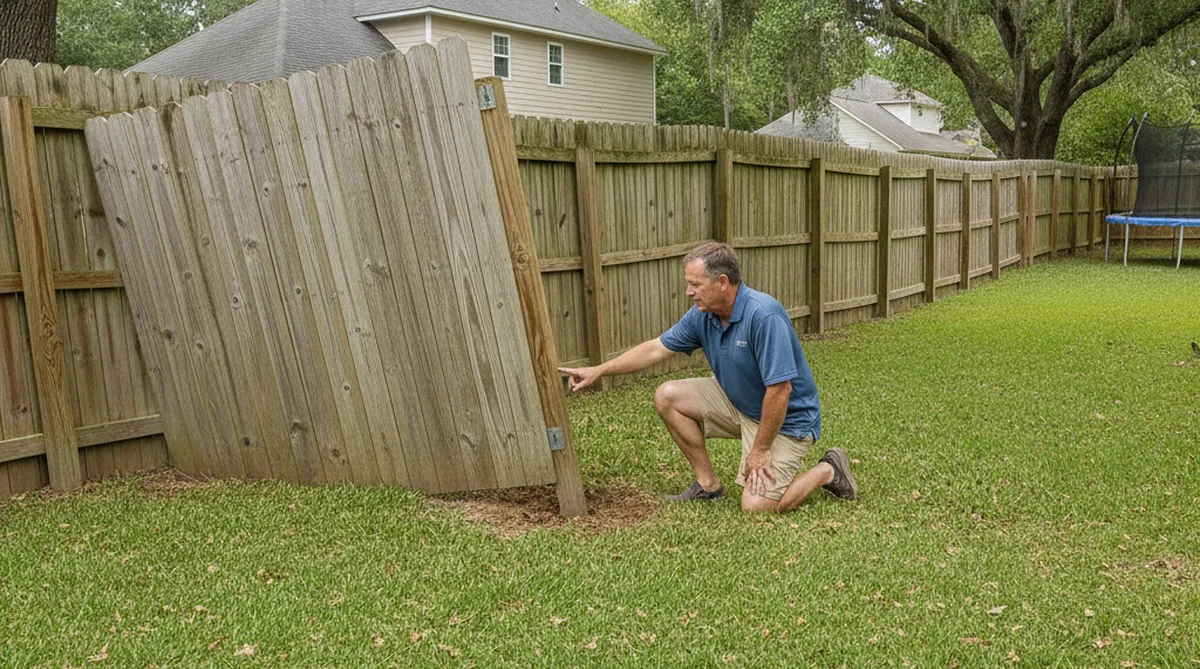 Leaning fence post in Sumter SC backyard